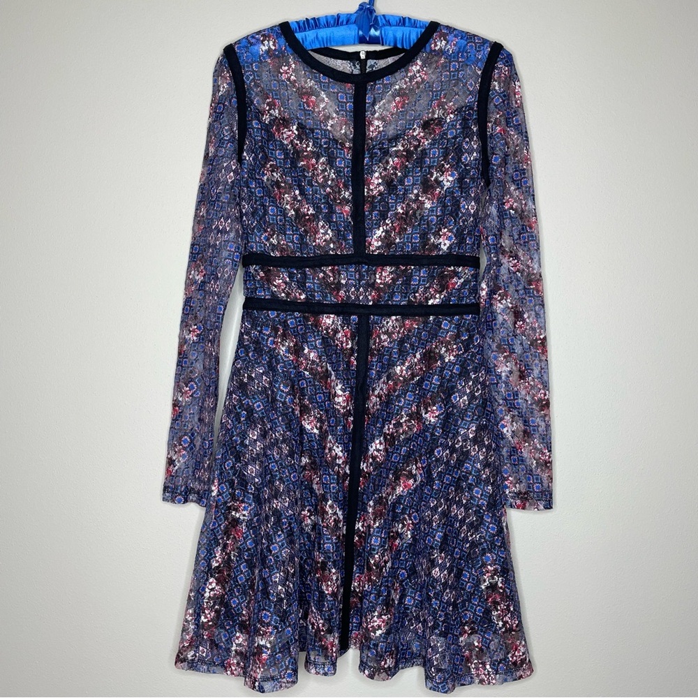 Xhilaration Navy/Rose Floral Long Sleeve Lace Dress with Black Trim